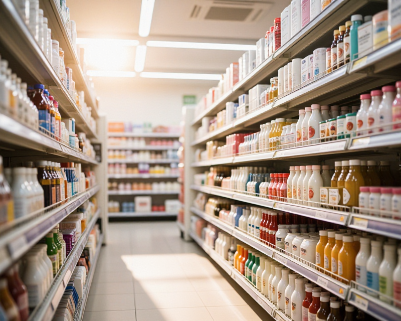 A cinematic, wide-angle shot of a brightly lit, modern South Korean supermarket aisle. Warm, soft sunlight filters through the ceiling, creating a peaceful and stable atmosphere. The shelves are neatly organized with various products, showing clean textures and vibrant but soft colors. The scene conveys a sense of calm recovery and stability. High resolution, professional photography, deep depth of field, soft pastel tones, emotional lighting.